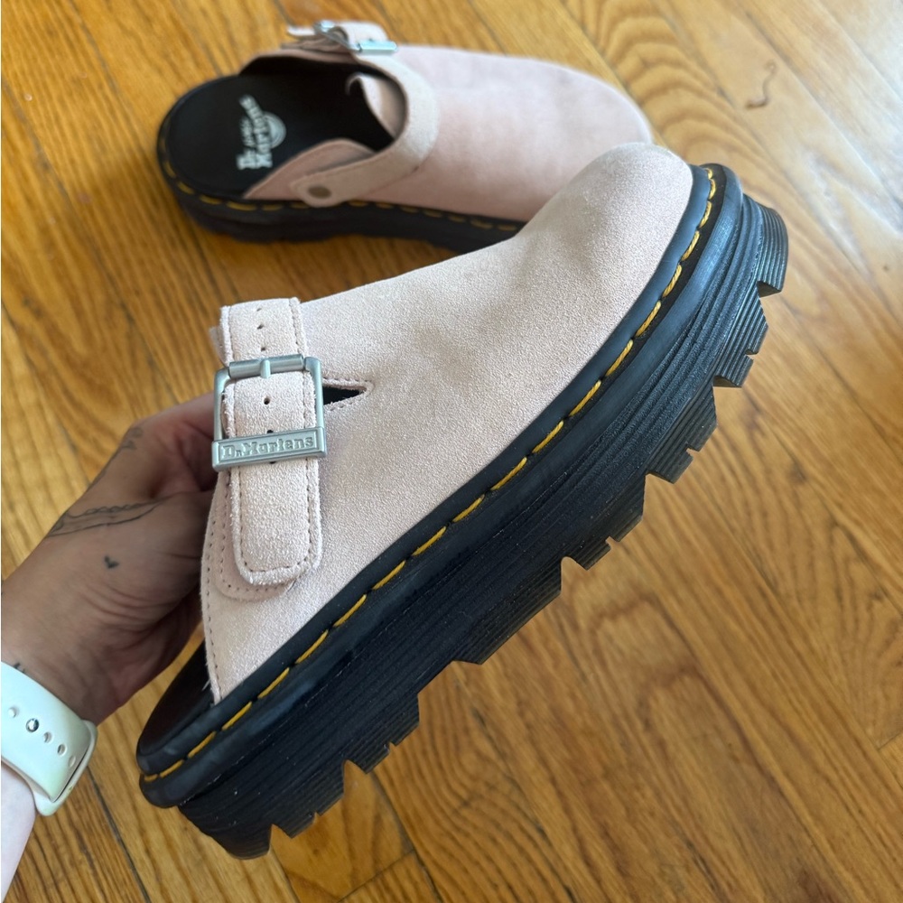 Dr. Martens Light Pink Suede Mules with Black Sole